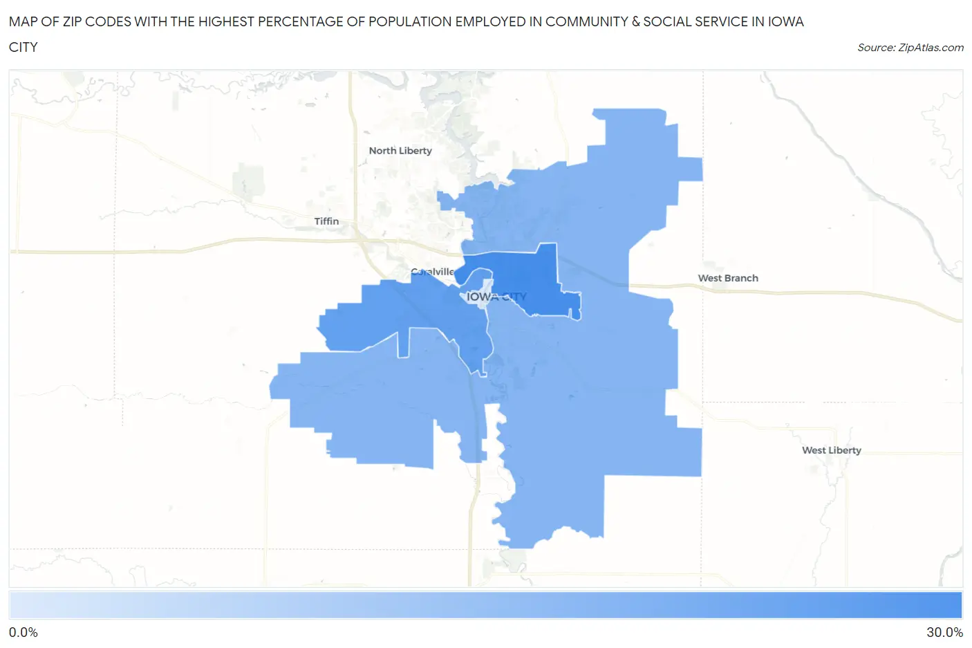 Zip Codes with the Highest Percentage of Population Employed in Community & Social Service  in Iowa City Map