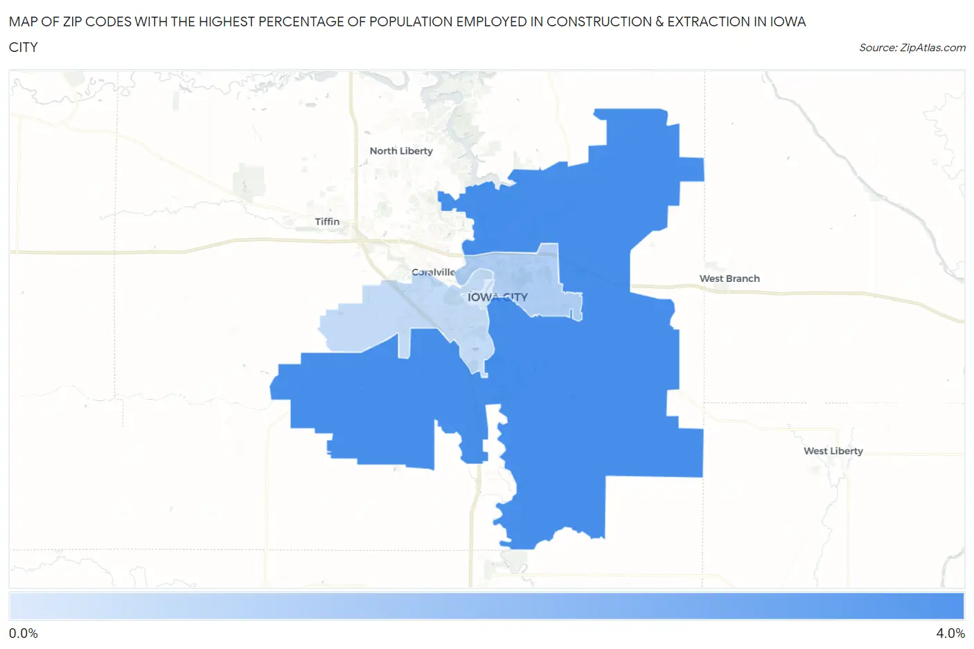 Zip Codes with the Highest Percentage of Population Employed in Construction & Extraction in Iowa City Map