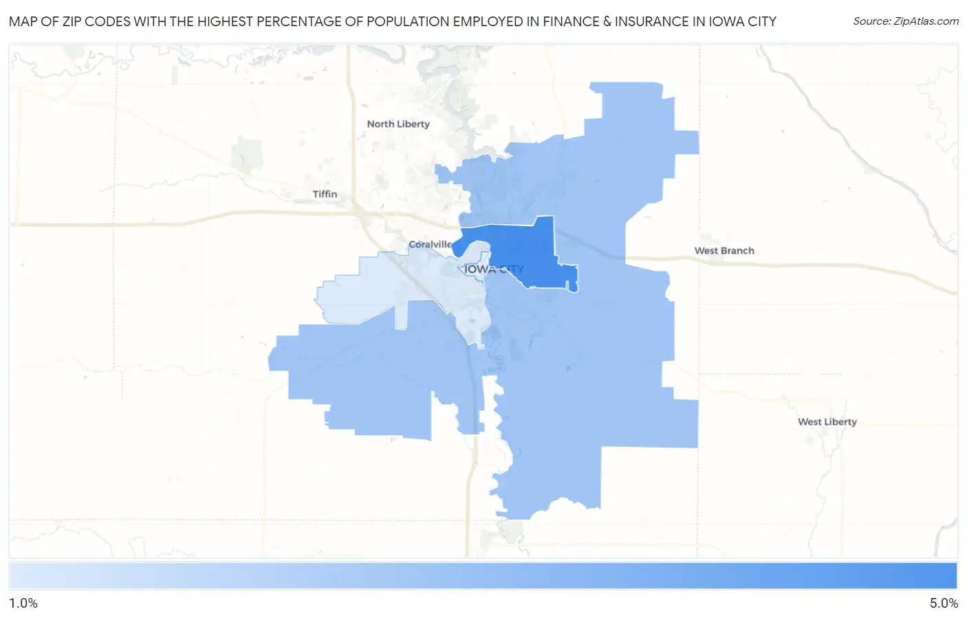 Zip Codes with the Highest Percentage of Population Employed in Finance & Insurance in Iowa City Map