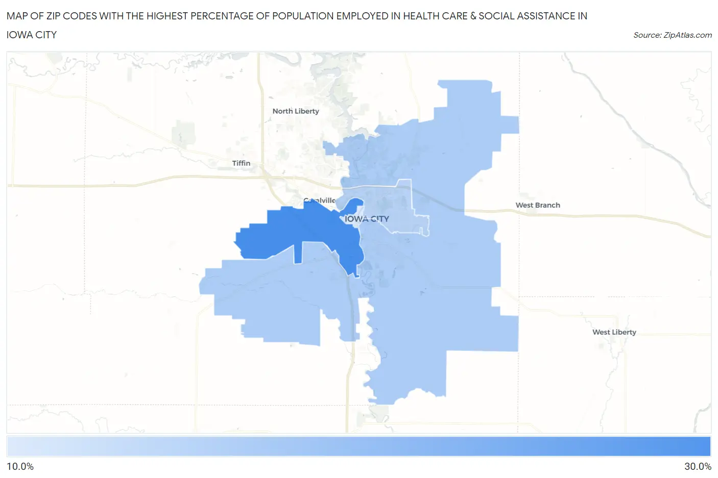 Zip Codes with the Highest Percentage of Population Employed in Health Care & Social Assistance in Iowa City Map