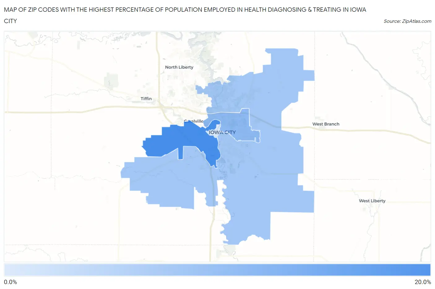 Zip Codes with the Highest Percentage of Population Employed in Health Diagnosing & Treating in Iowa City Map
