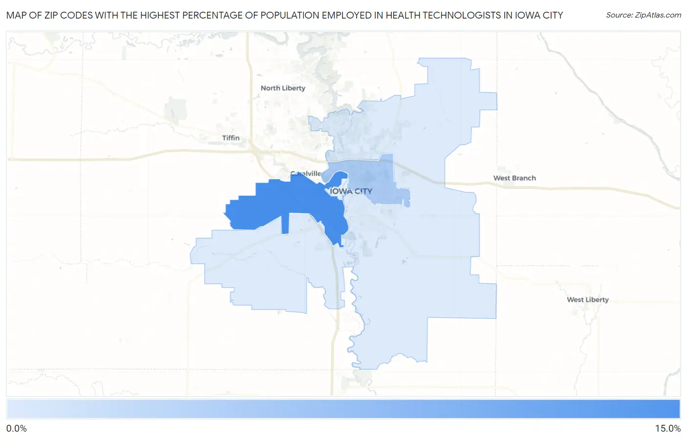 Zip Codes with the Highest Percentage of Population Employed in Health Technologists in Iowa City Map