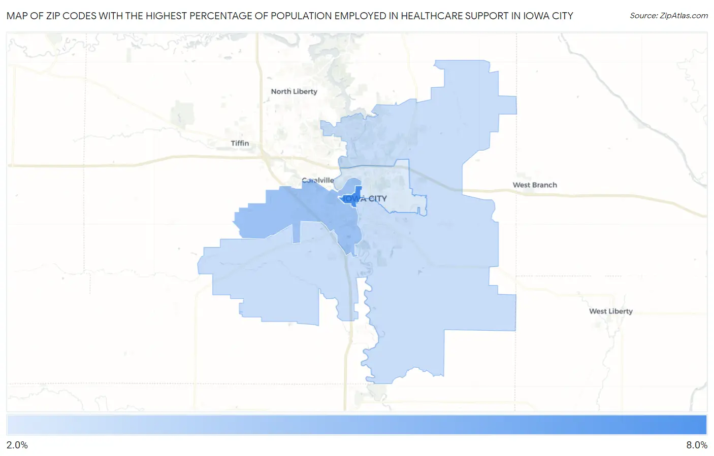 Zip Codes with the Highest Percentage of Population Employed in Healthcare Support in Iowa City Map
