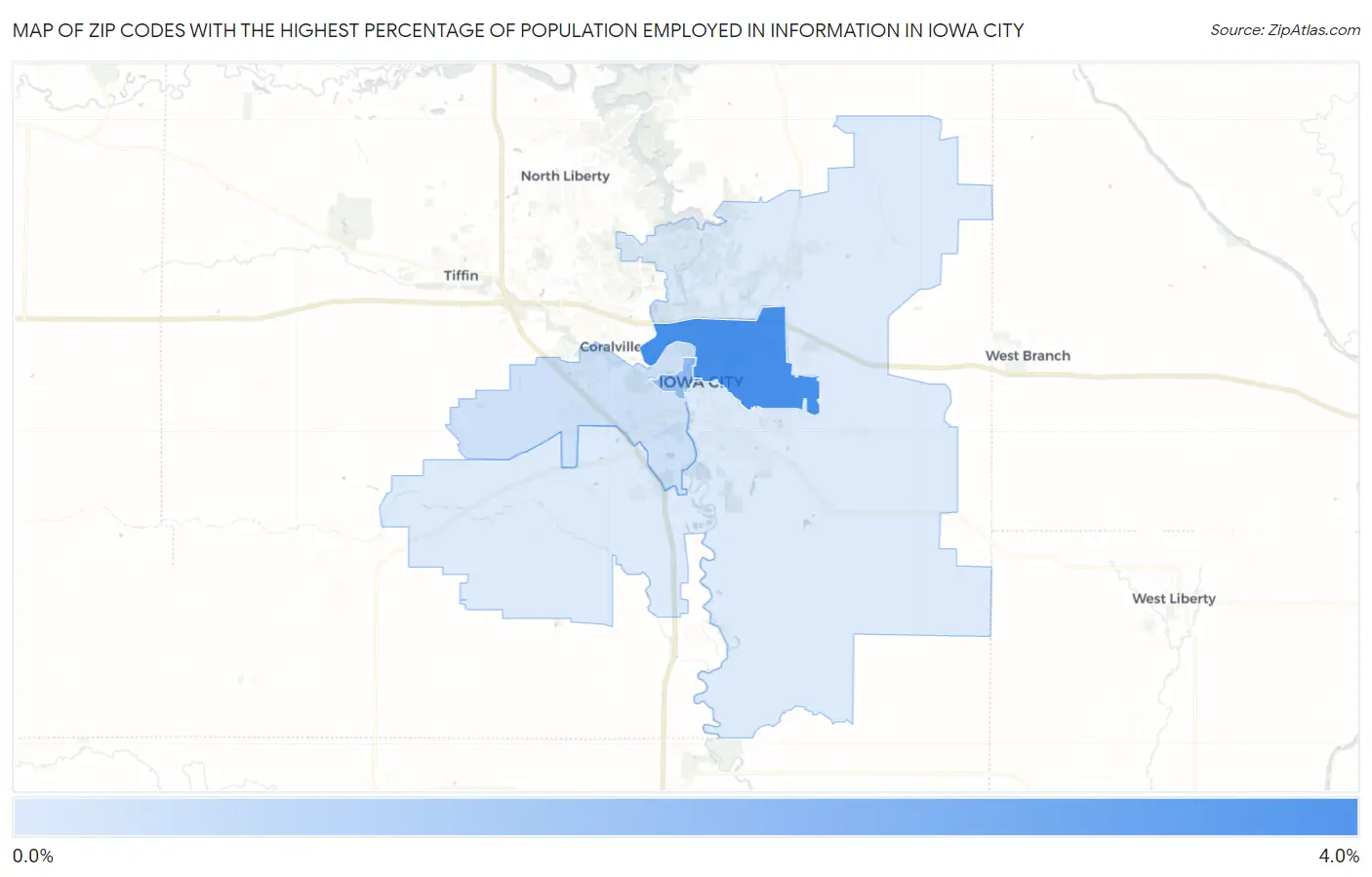 Zip Codes with the Highest Percentage of Population Employed in Information in Iowa City Map