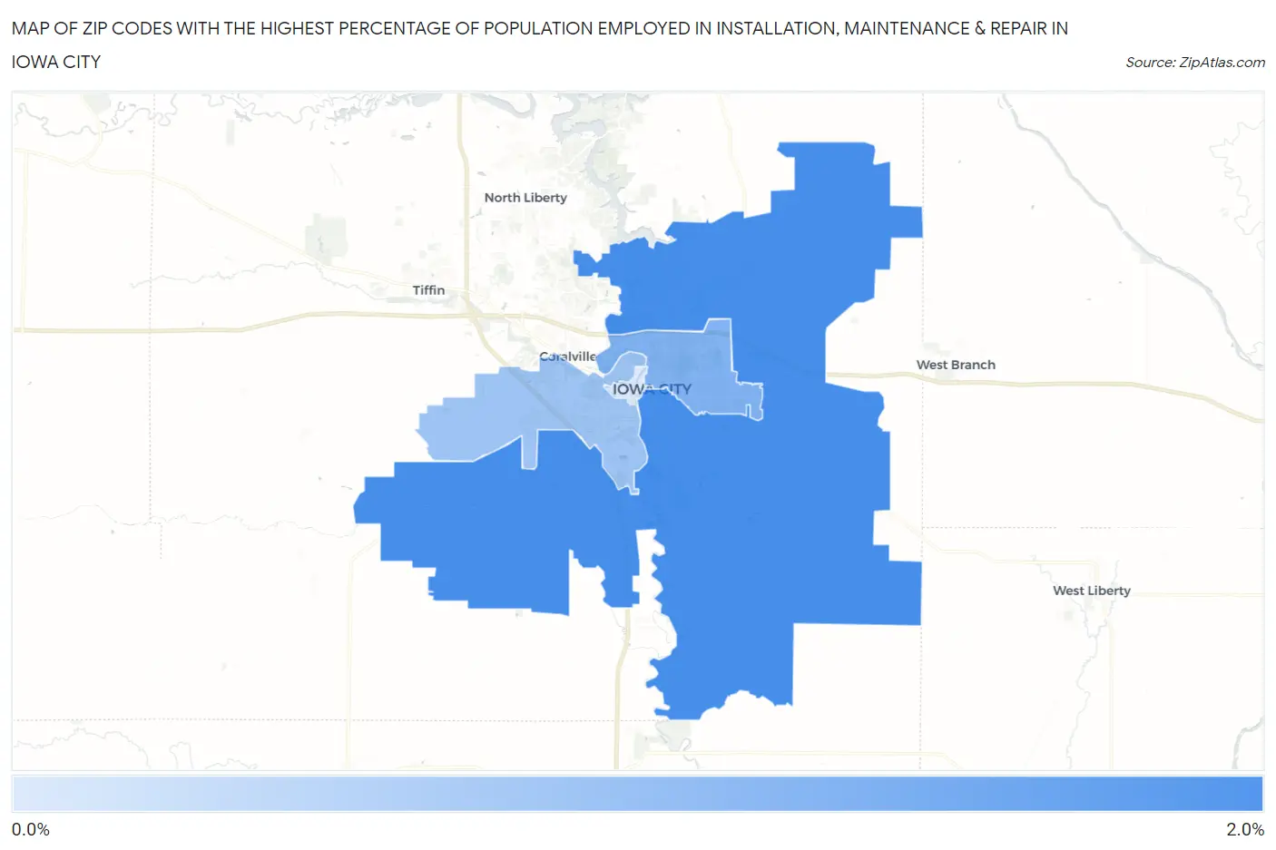 Zip Codes with the Highest Percentage of Population Employed in Installation, Maintenance & Repair in Iowa City Map