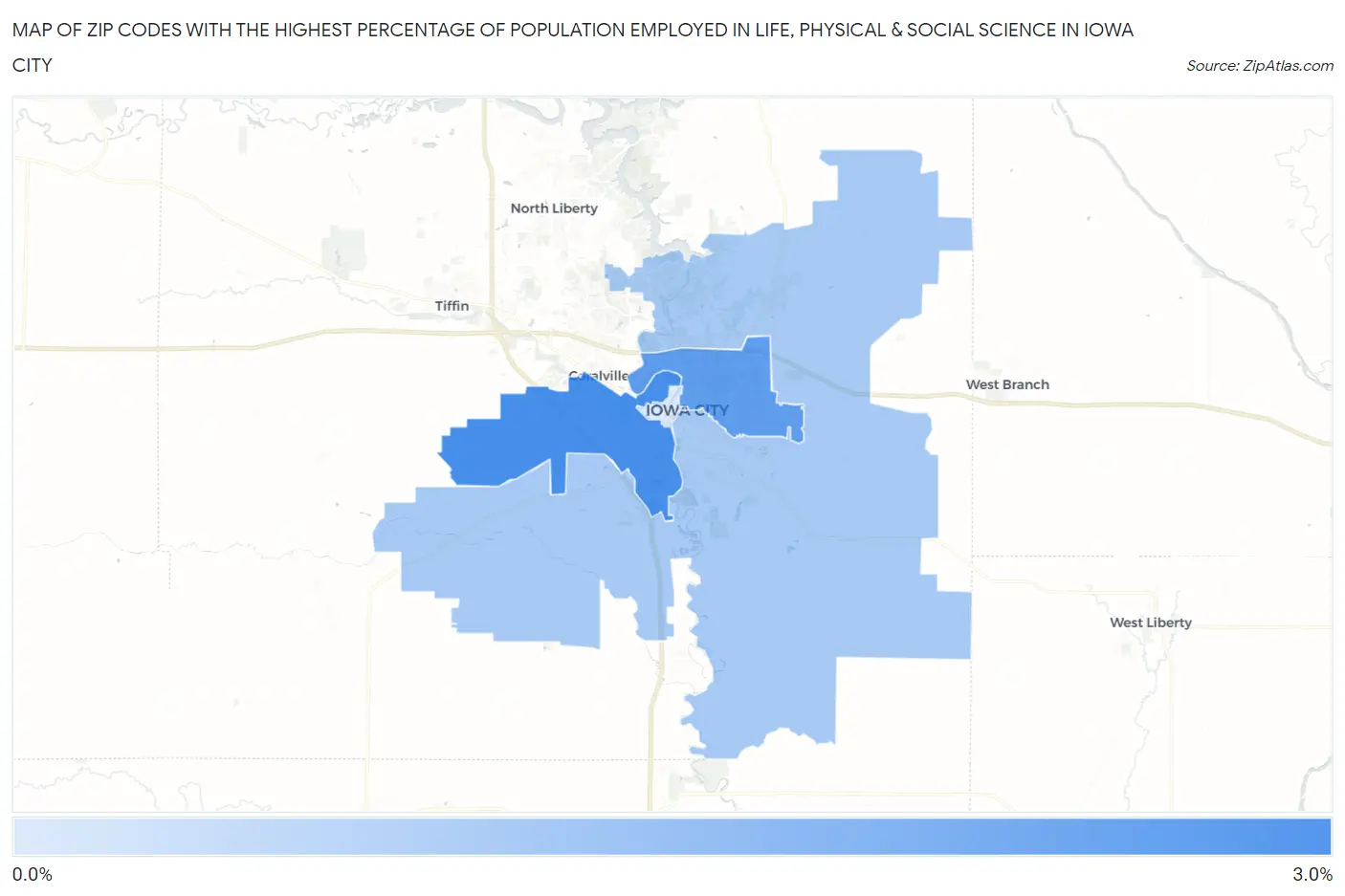 Zip Codes with the Highest Percentage of Population Employed in Life, Physical & Social Science in Iowa City Map