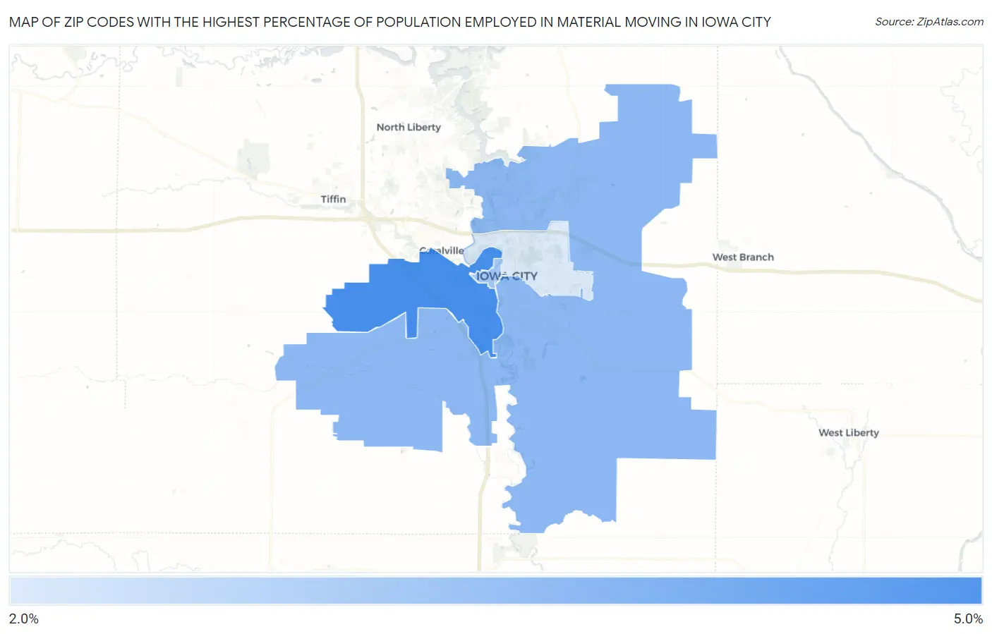 Zip Codes with the Highest Percentage of Population Employed in Material Moving in Iowa City Map