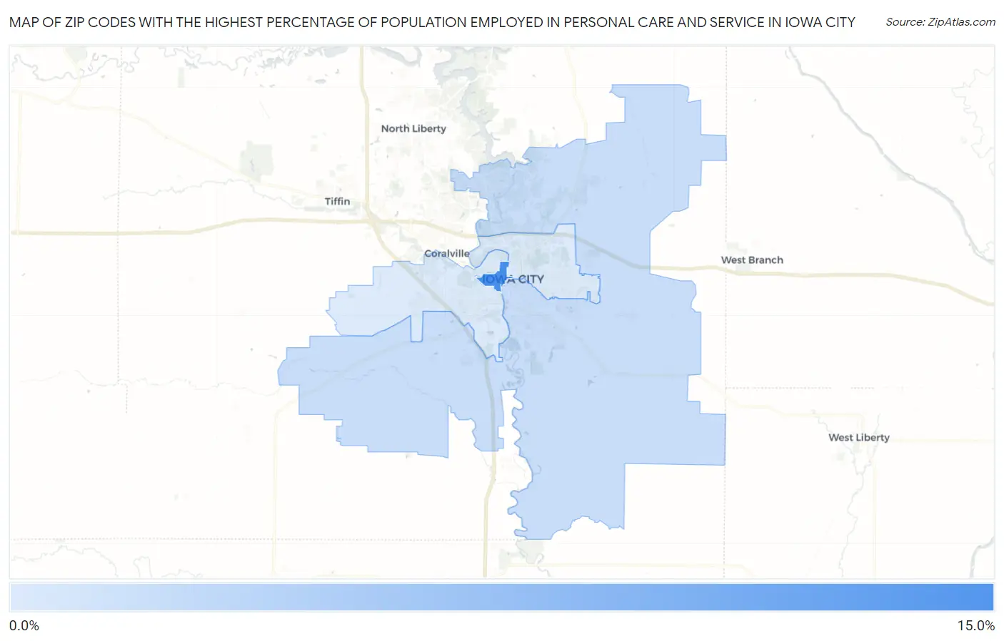 Zip Codes with the Highest Percentage of Population Employed in Personal Care and Service in Iowa City Map