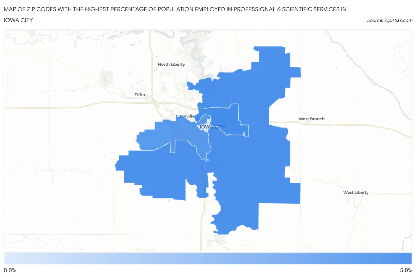 Zip Codes with the Highest Percentage of Population Employed in Professional & Scientific Services in Iowa City Map