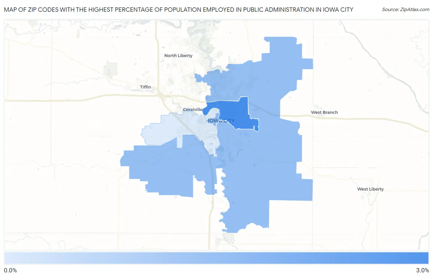 Zip Codes with the Highest Percentage of Population Employed in Public Administration in Iowa City Map
