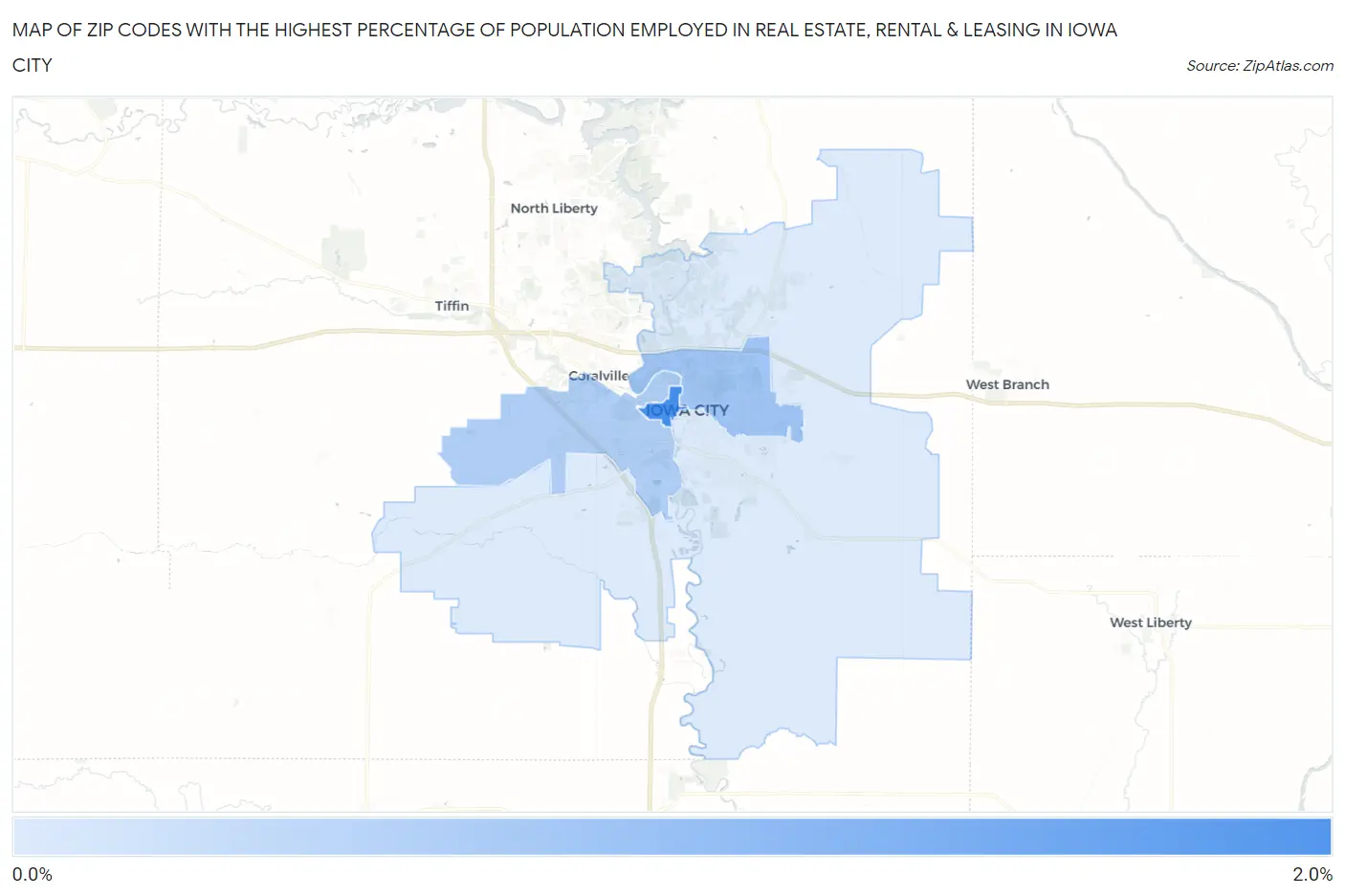 Zip Codes with the Highest Percentage of Population Employed in Real Estate, Rental & Leasing in Iowa City Map