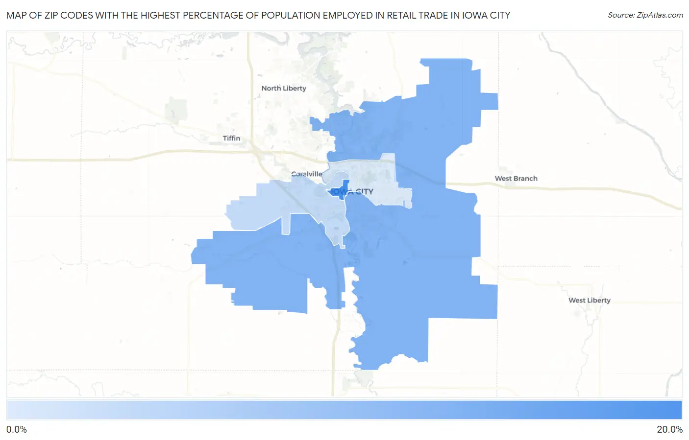 Zip Codes with the Highest Percentage of Population Employed in Retail Trade in Iowa City Map