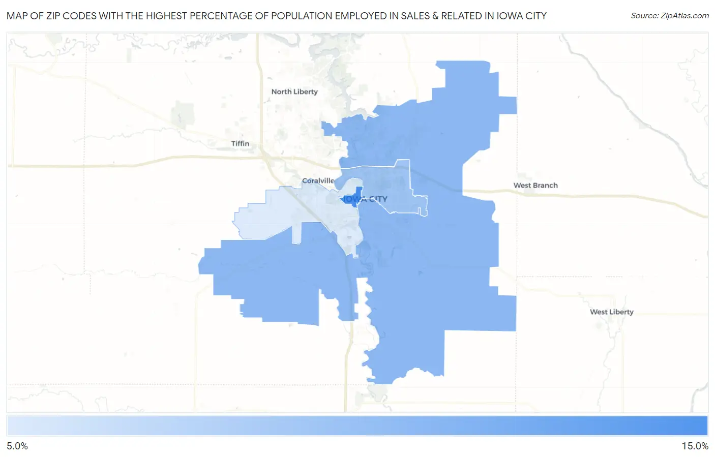 Zip Codes with the Highest Percentage of Population Employed in Sales & Related in Iowa City Map