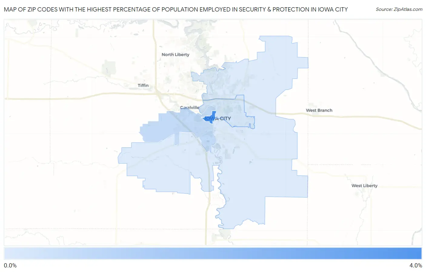 Zip Codes with the Highest Percentage of Population Employed in Security & Protection in Iowa City Map