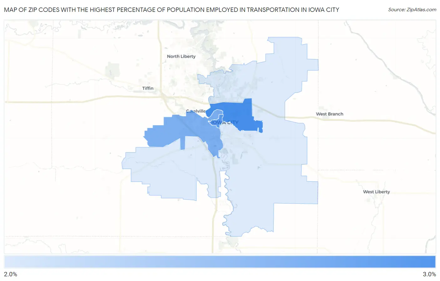 Zip Codes with the Highest Percentage of Population Employed in Transportation in Iowa City Map