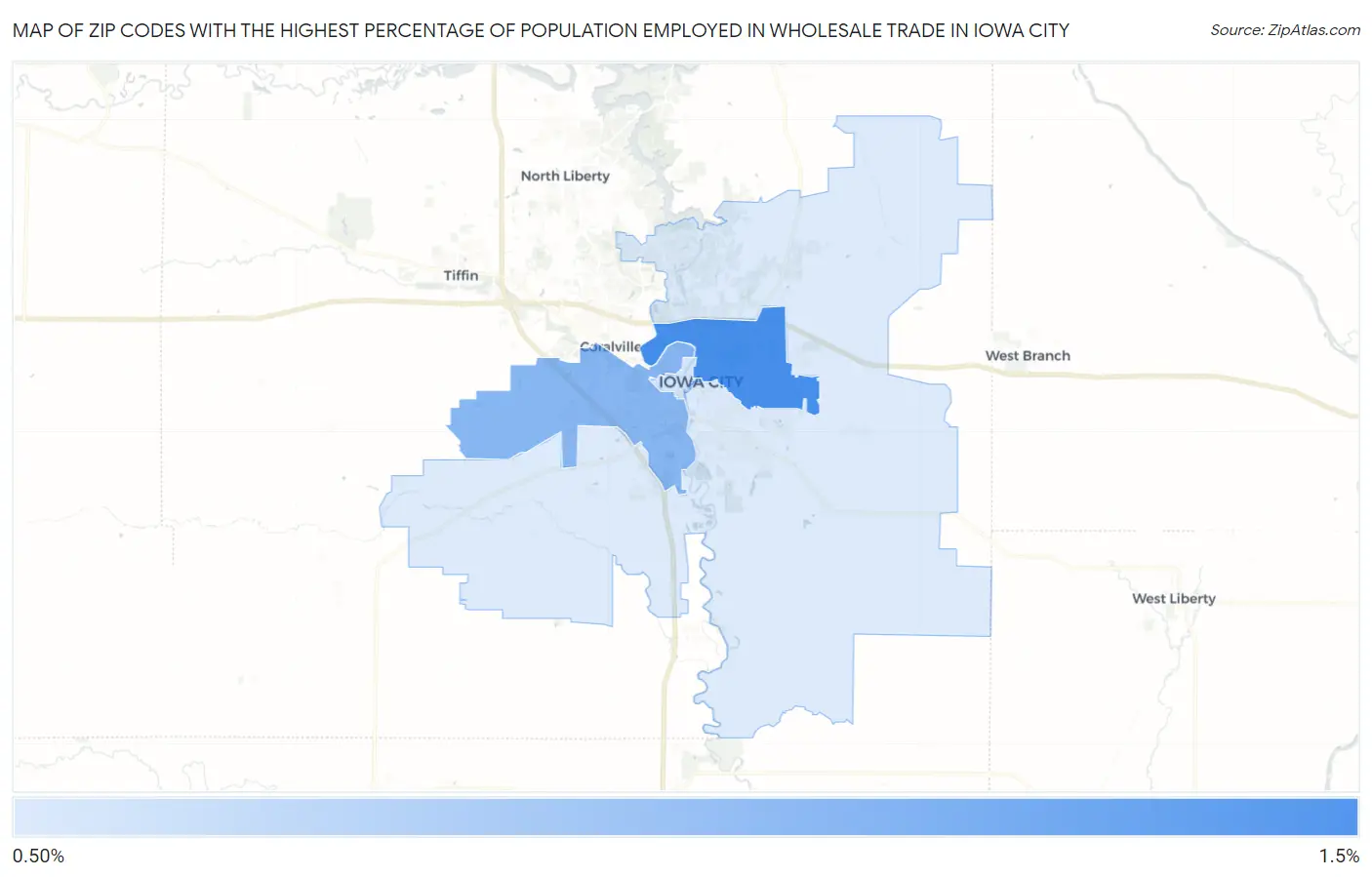 Zip Codes with the Highest Percentage of Population Employed in Wholesale Trade in Iowa City Map