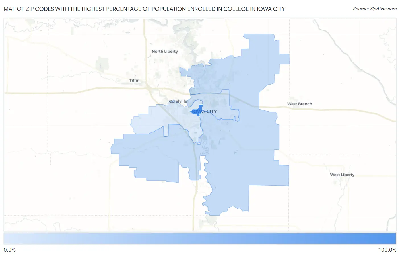 Zip Codes with the Highest Percentage of Population Enrolled in College in Iowa City Map