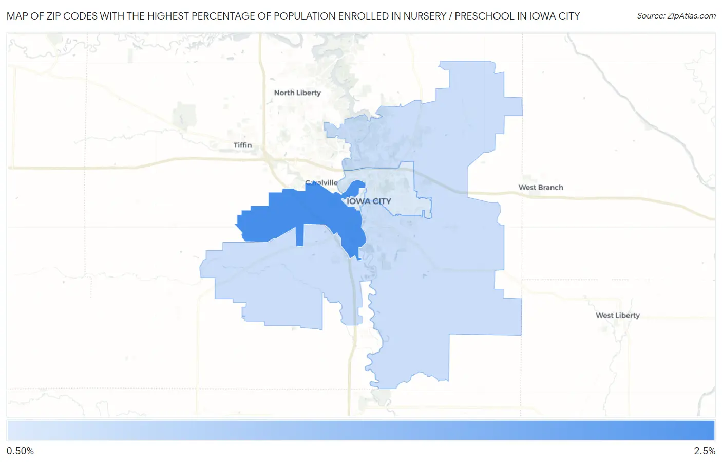 Zip Codes with the Highest Percentage of Population Enrolled in Nursery / Preschool in Iowa City Map