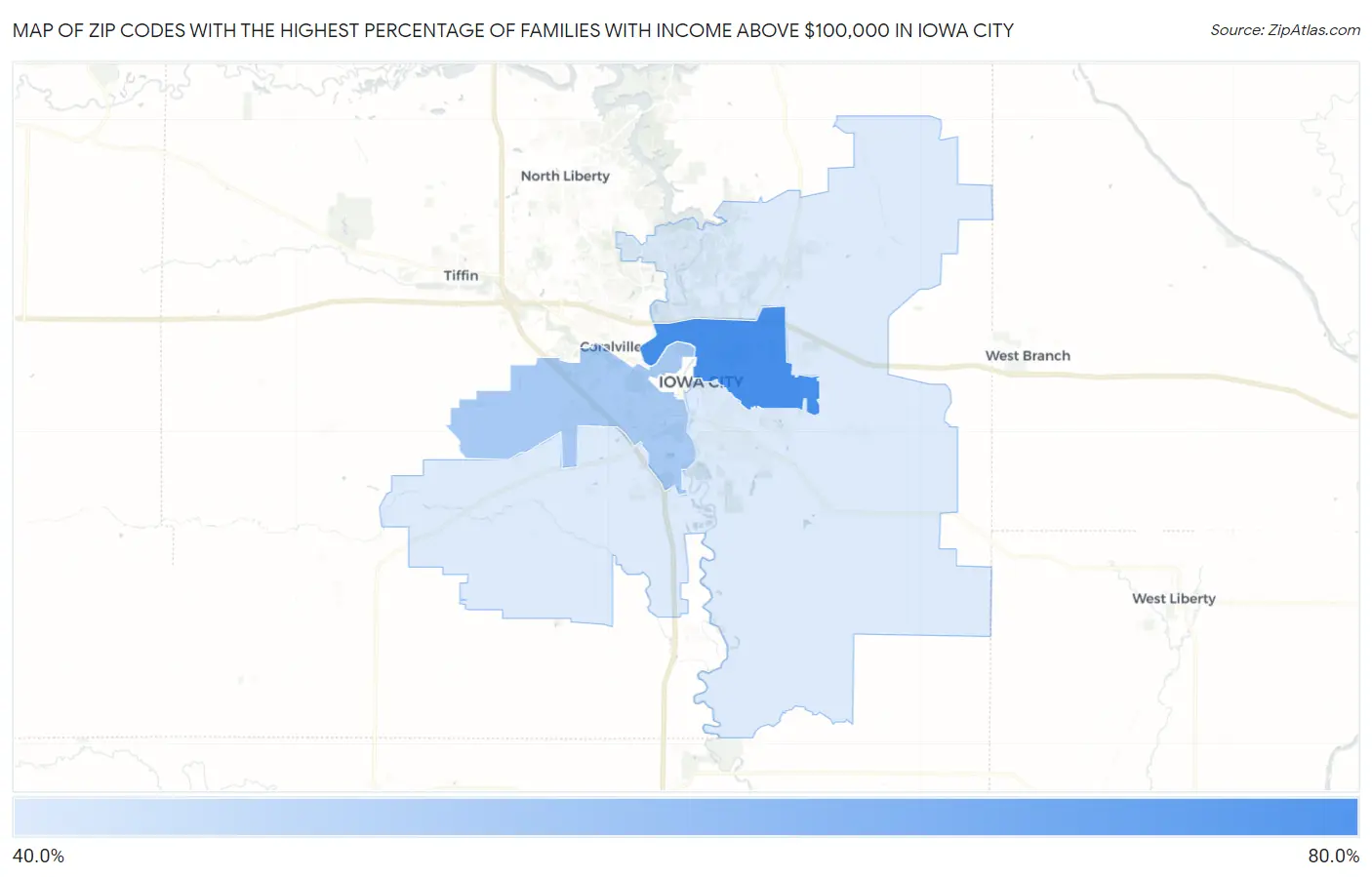 Zip Codes with the Highest Percentage of Families with Income Above $100,000 in Iowa City Map