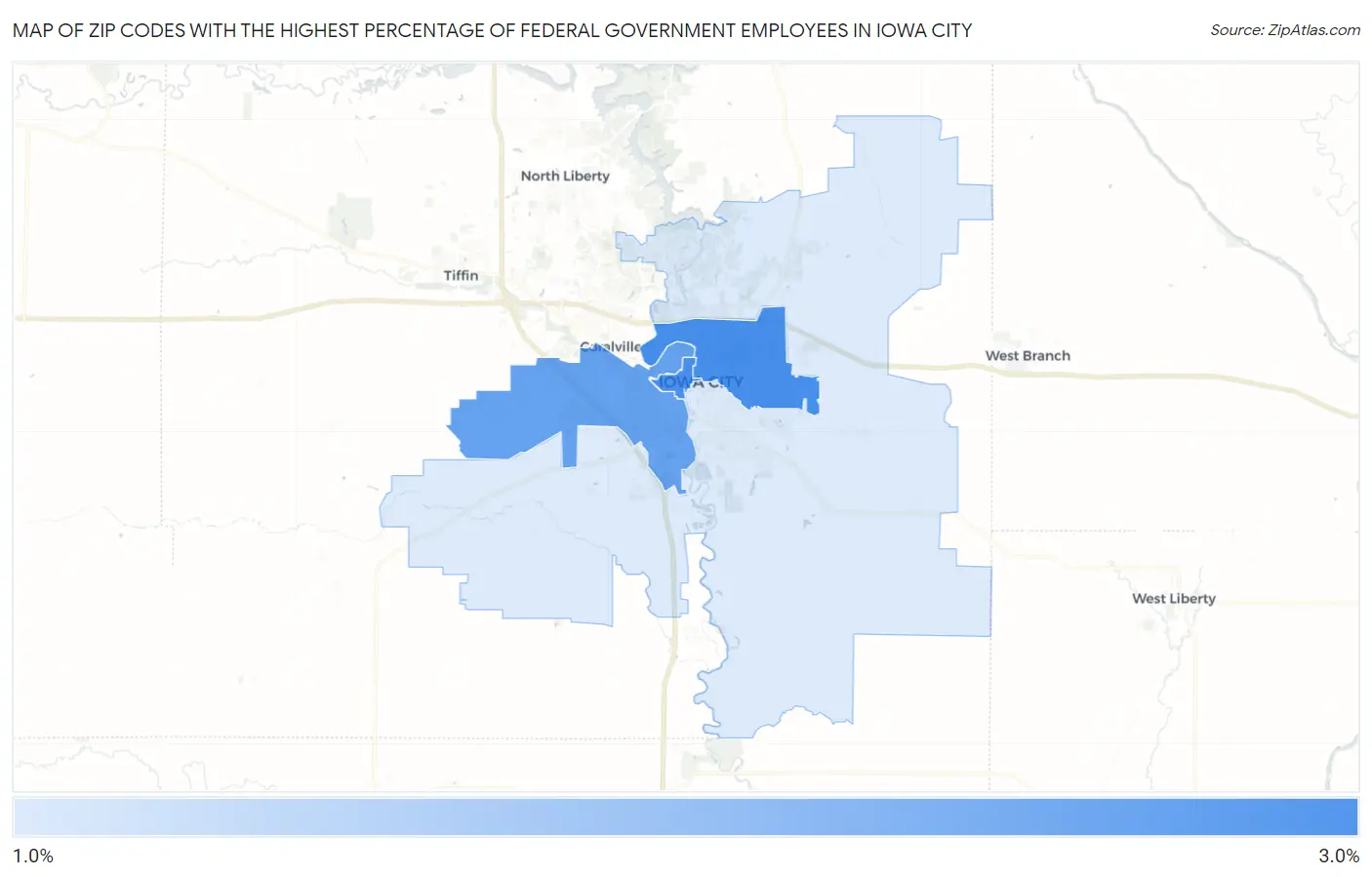 Zip Codes with the Highest Percentage of Federal Government Employees in Iowa City Map