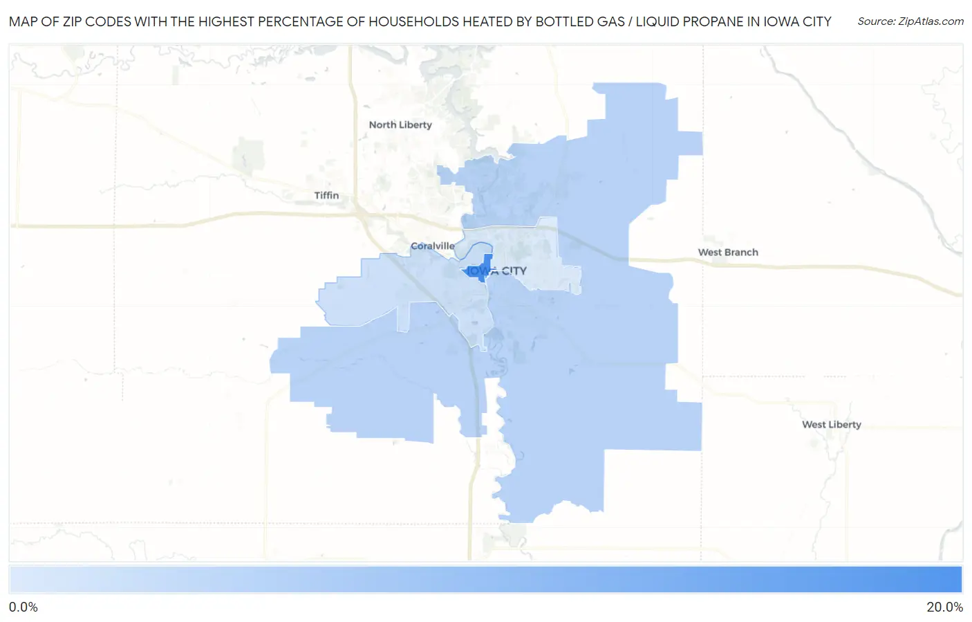Zip Codes with the Highest Percentage of Households Heated by Bottled Gas / Liquid Propane in Iowa City Map
