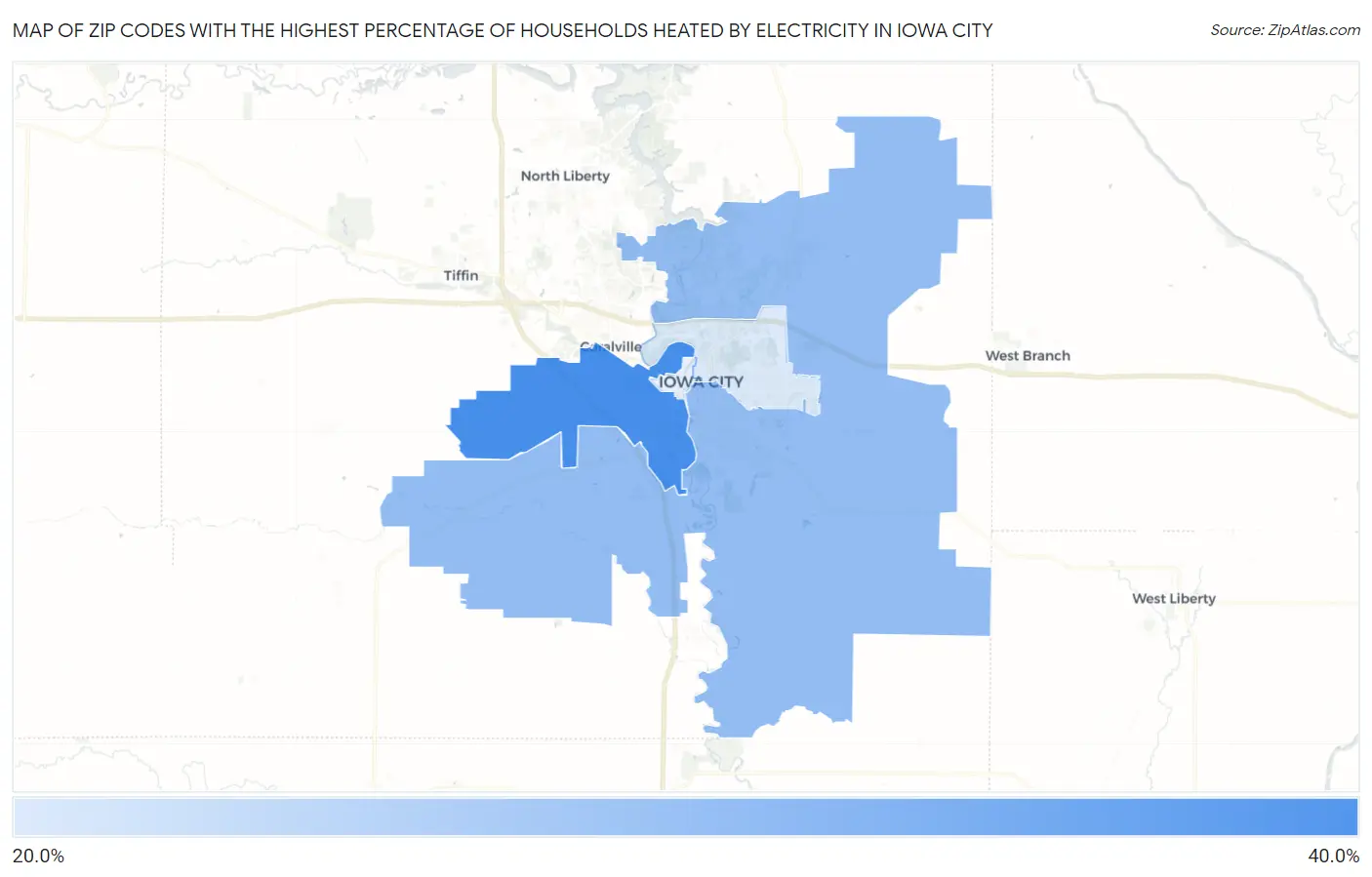 Zip Codes with the Highest Percentage of Households Heated by Electricity in Iowa City Map