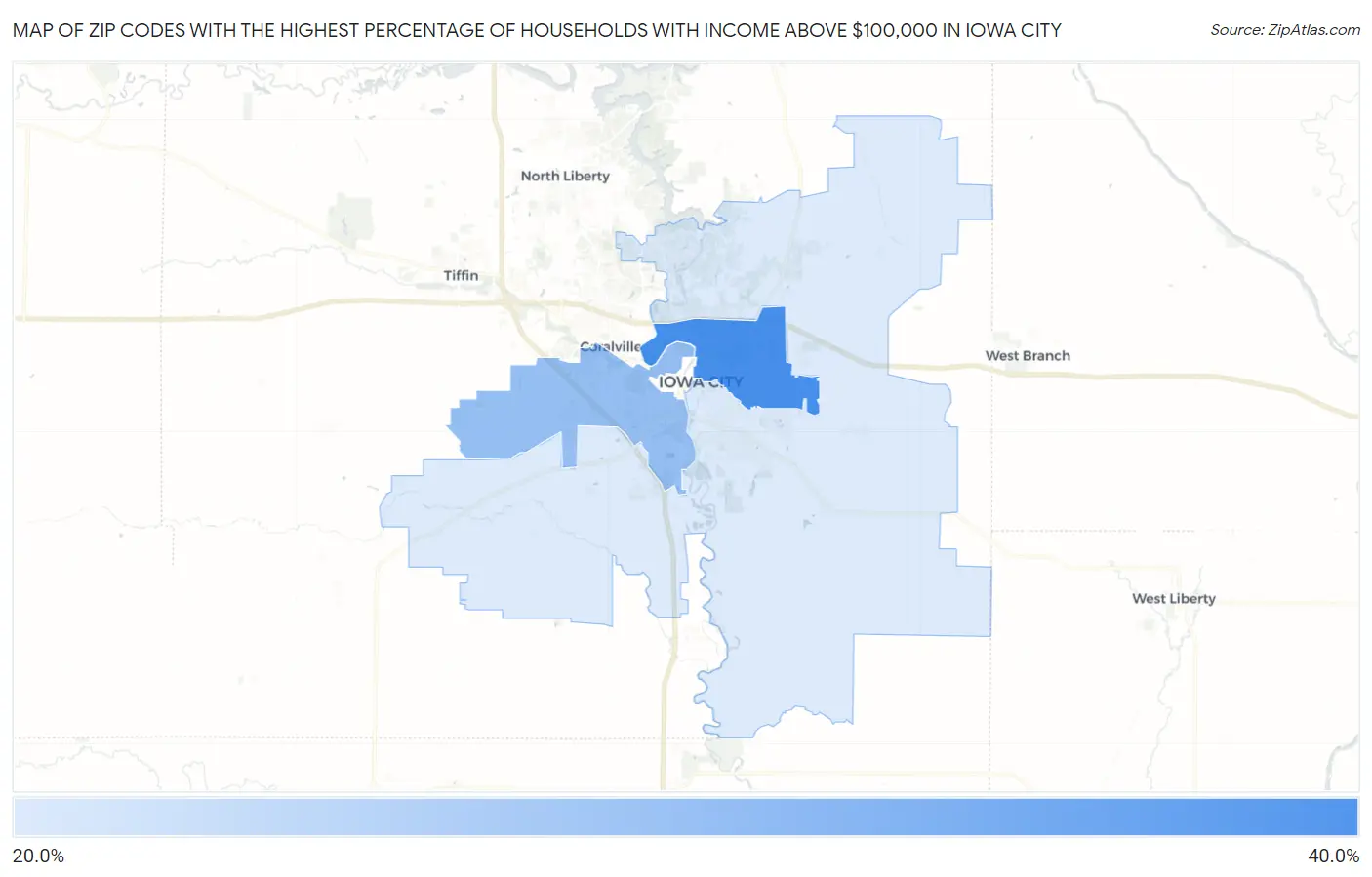 Zip Codes with the Highest Percentage of Households with Income Above $100,000 in Iowa City Map