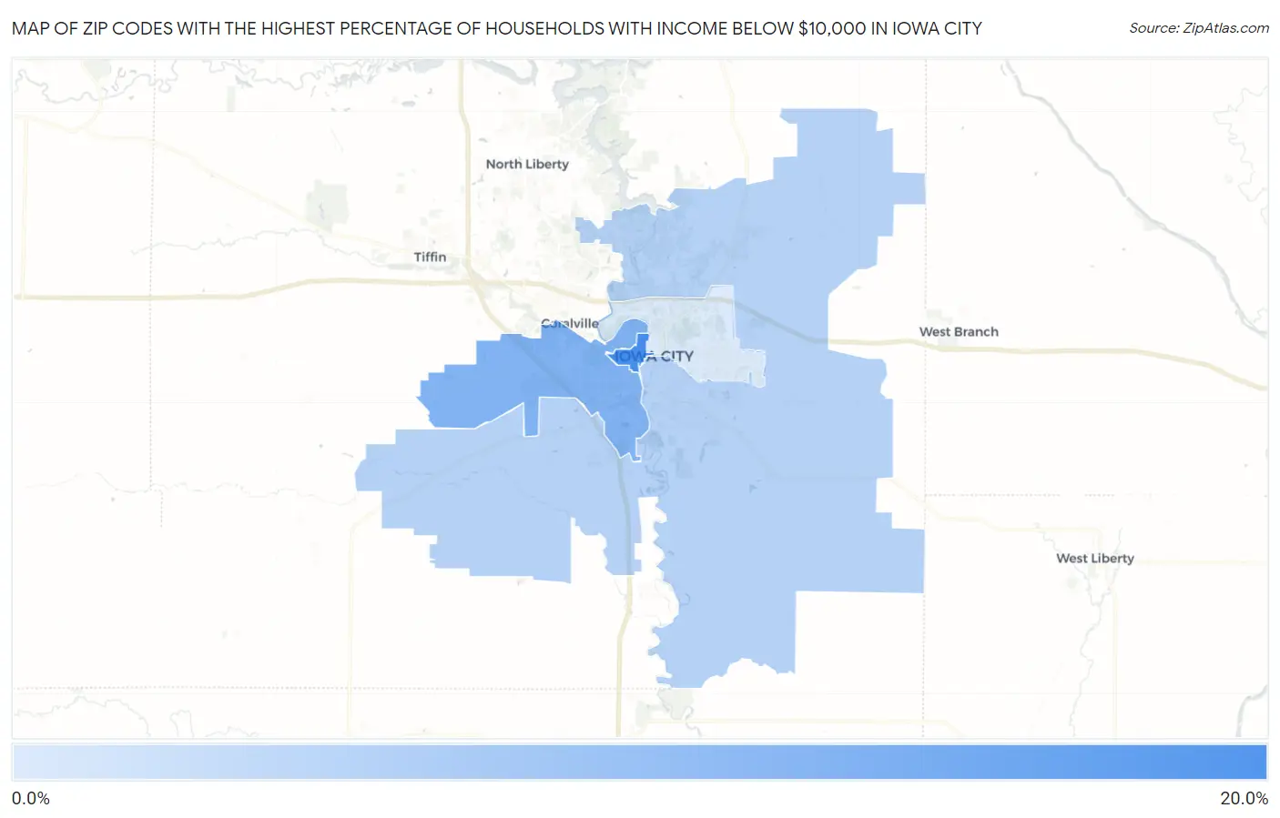 Zip Codes with the Highest Percentage of Households with Income Below $10,000 in Iowa City Map