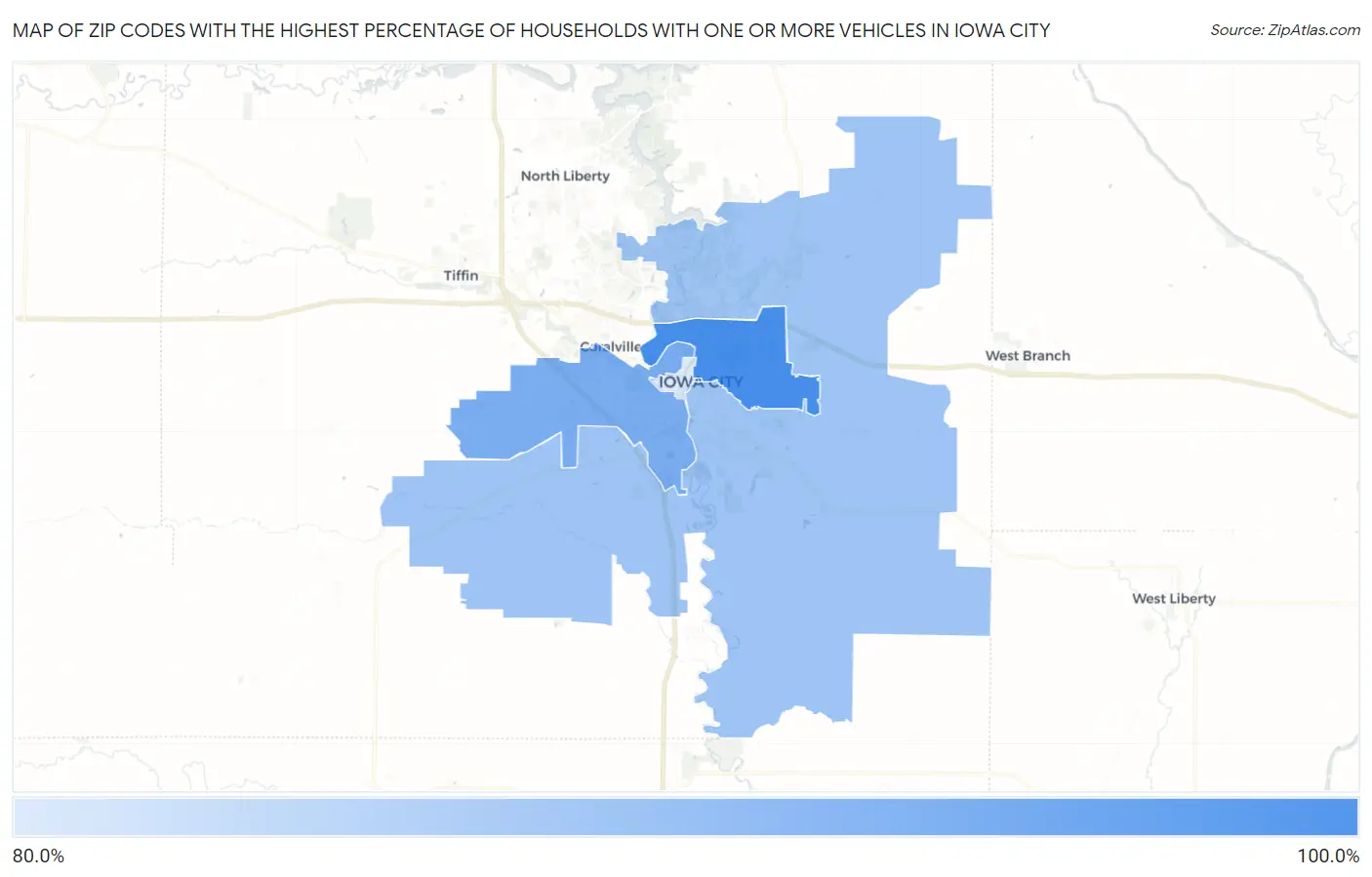 Zip Codes with the Highest Percentage of Households With One or more Vehicles in Iowa City Map