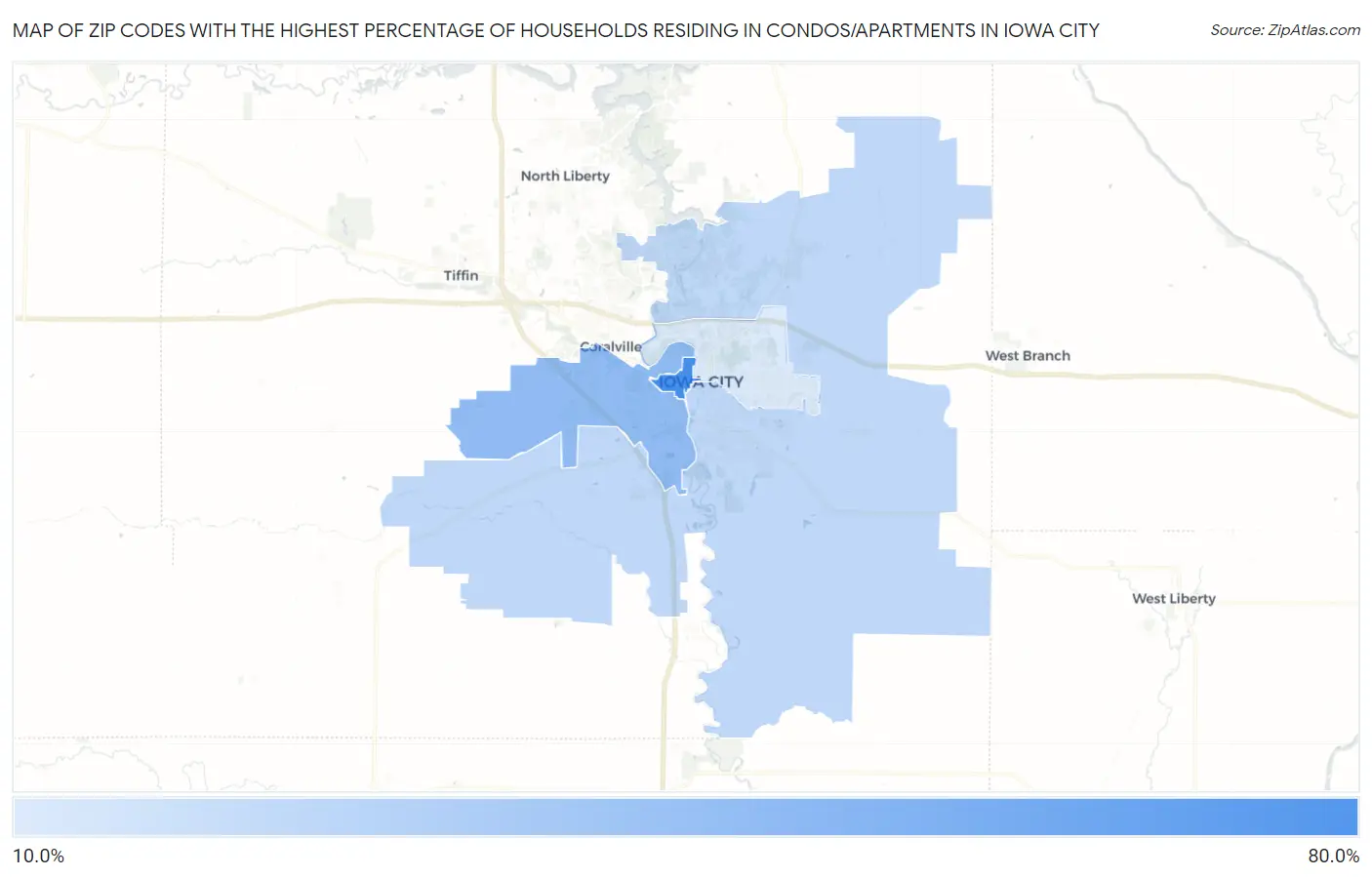 Zip Codes with the Highest Percentage of Households Residing in Condos/Apartments in Iowa City Map