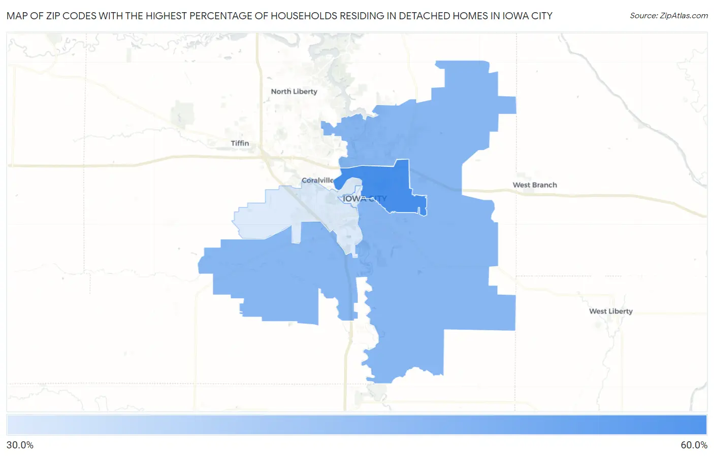 Zip Codes with the Highest Percentage of Households Residing in Detached Homes in Iowa City Map