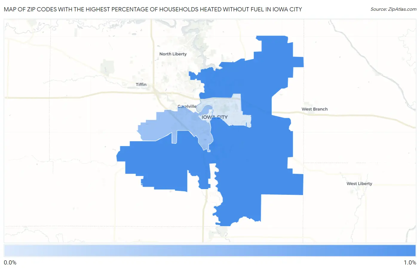 Zip Codes with the Highest Percentage of Households Heated without Fuel in Iowa City Map