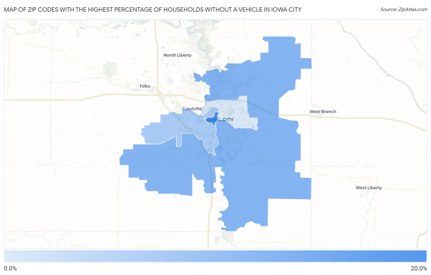 Zip Codes with the Highest Percentage of Households Without a Vehicle in Iowa City Map