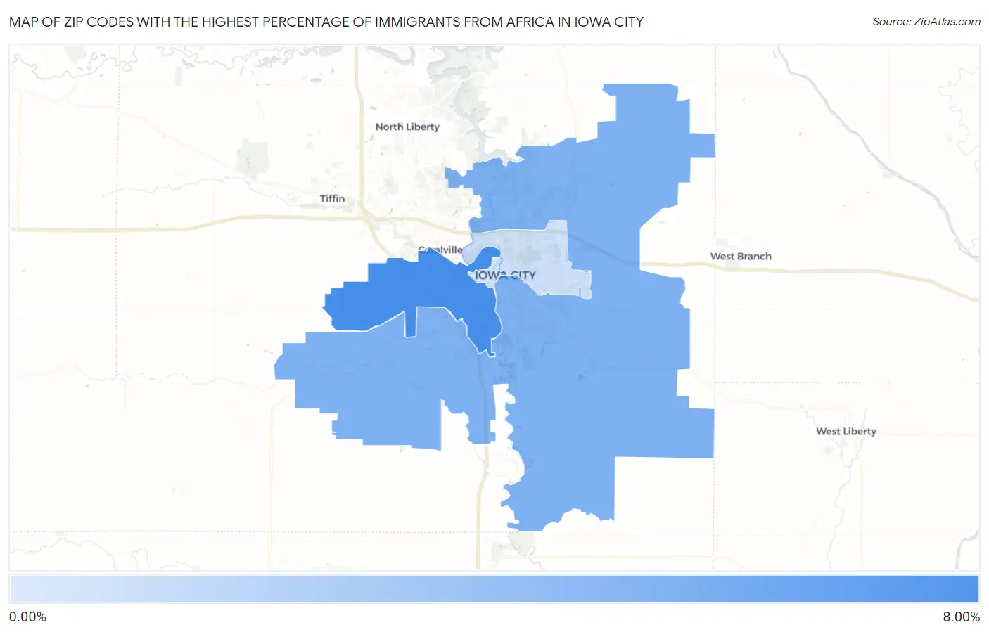 Zip Codes with the Highest Percentage of Immigrants from Africa in Iowa City Map