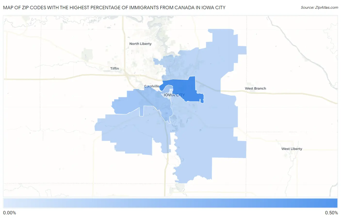 Zip Codes with the Highest Percentage of Immigrants from Canada in Iowa City Map