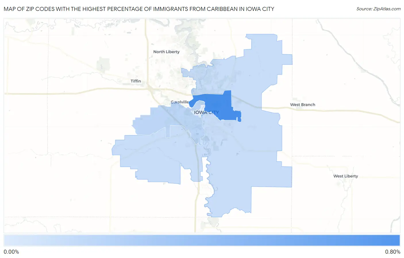 Zip Codes with the Highest Percentage of Immigrants from Caribbean in Iowa City Map