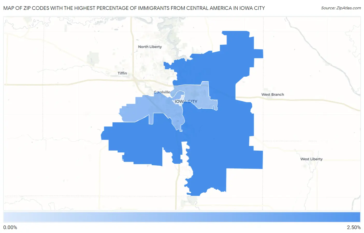 Zip Codes with the Highest Percentage of Immigrants from Central America in Iowa City Map