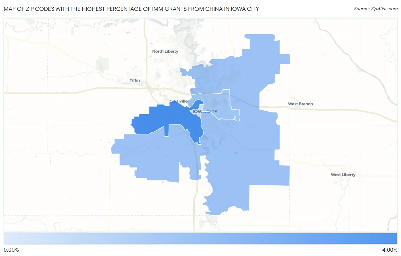 Zip Codes with the Highest Percentage of Immigrants from China in Iowa City Map