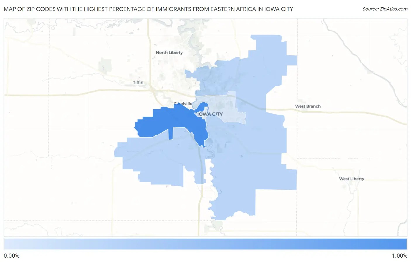 Zip Codes with the Highest Percentage of Immigrants from Eastern Africa in Iowa City Map