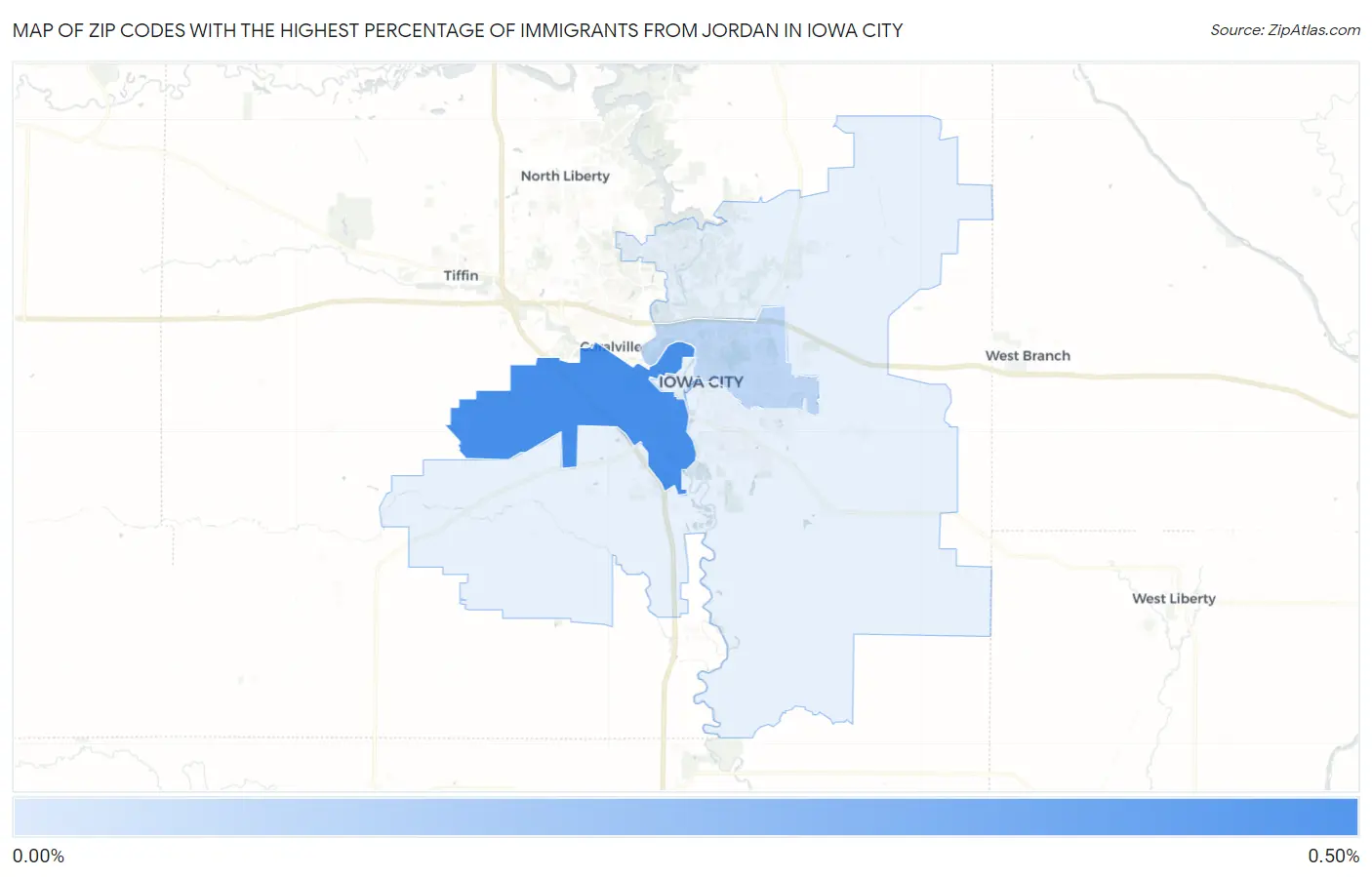 Zip Codes with the Highest Percentage of Immigrants from Jordan in Iowa City Map