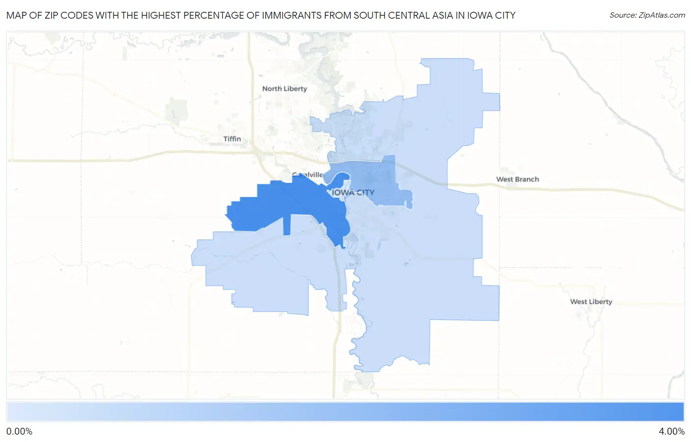 Zip Codes with the Highest Percentage of Immigrants from South Central Asia in Iowa City Map
