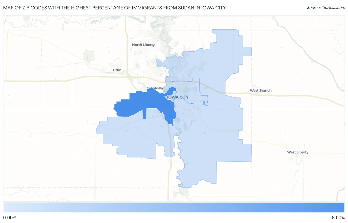 Zip Codes with the Highest Percentage of Immigrants from Sudan in Iowa City Map