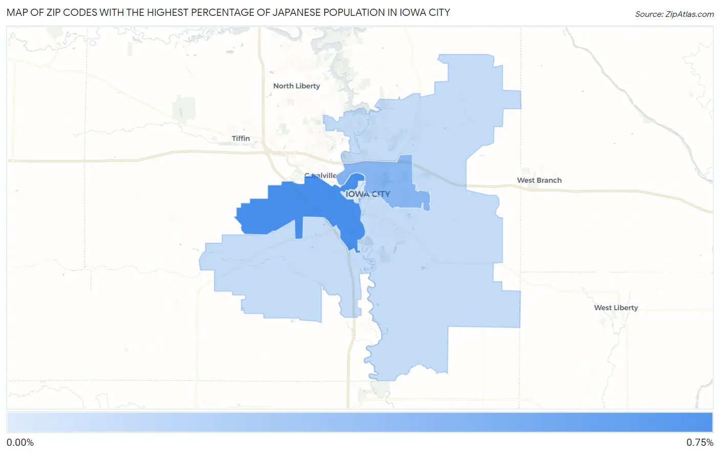 Zip Codes with the Highest Percentage of Japanese Population in Iowa City Map