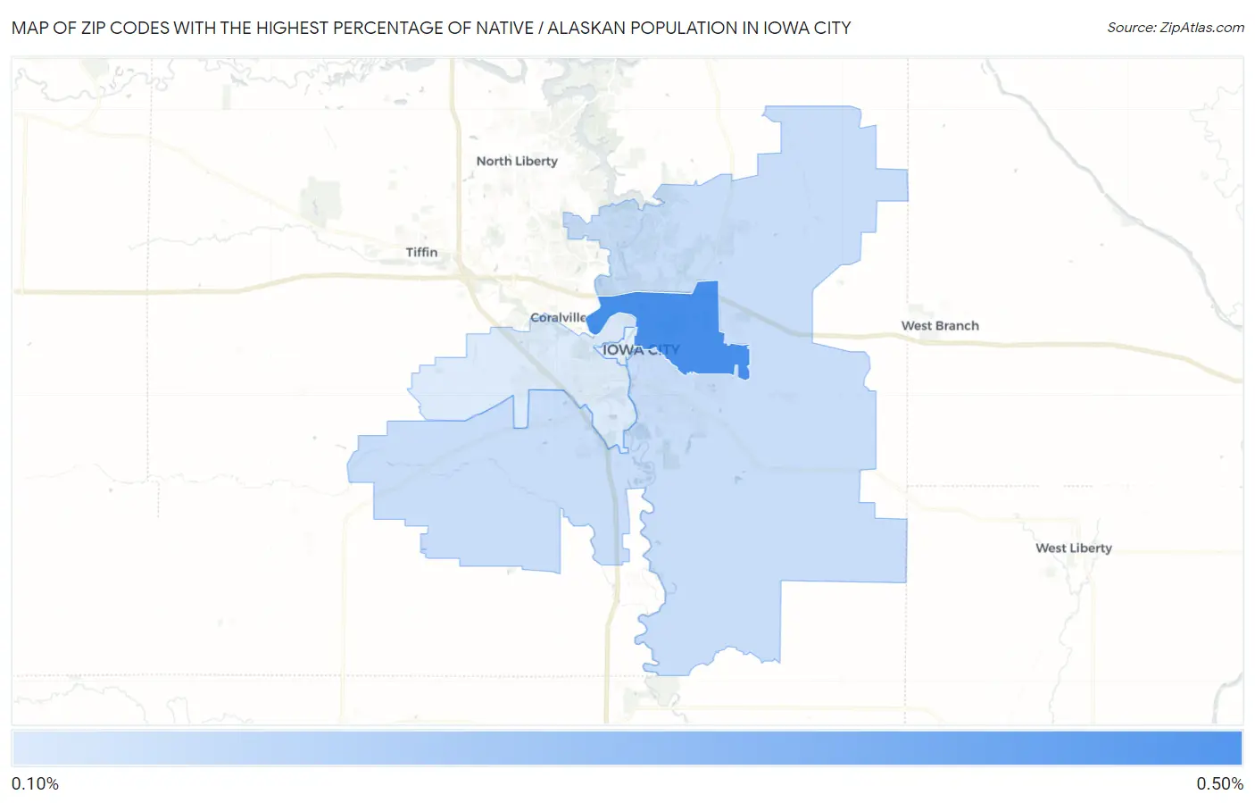 Zip Codes with the Highest Percentage of Native / Alaskan Population in Iowa City Map