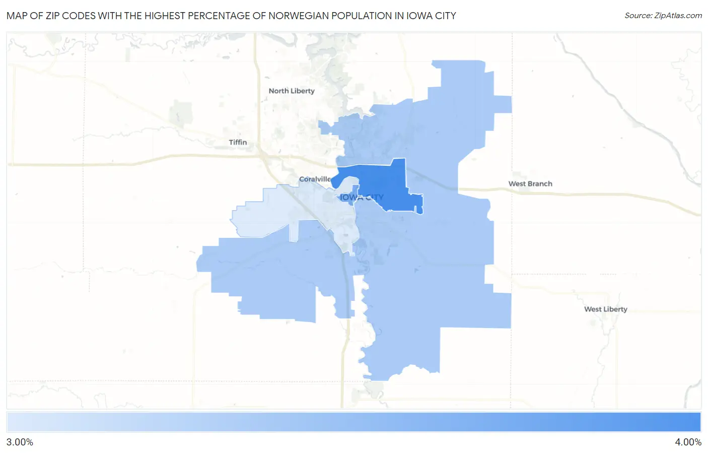 Zip Codes with the Highest Percentage of Norwegian Population in Iowa City Map