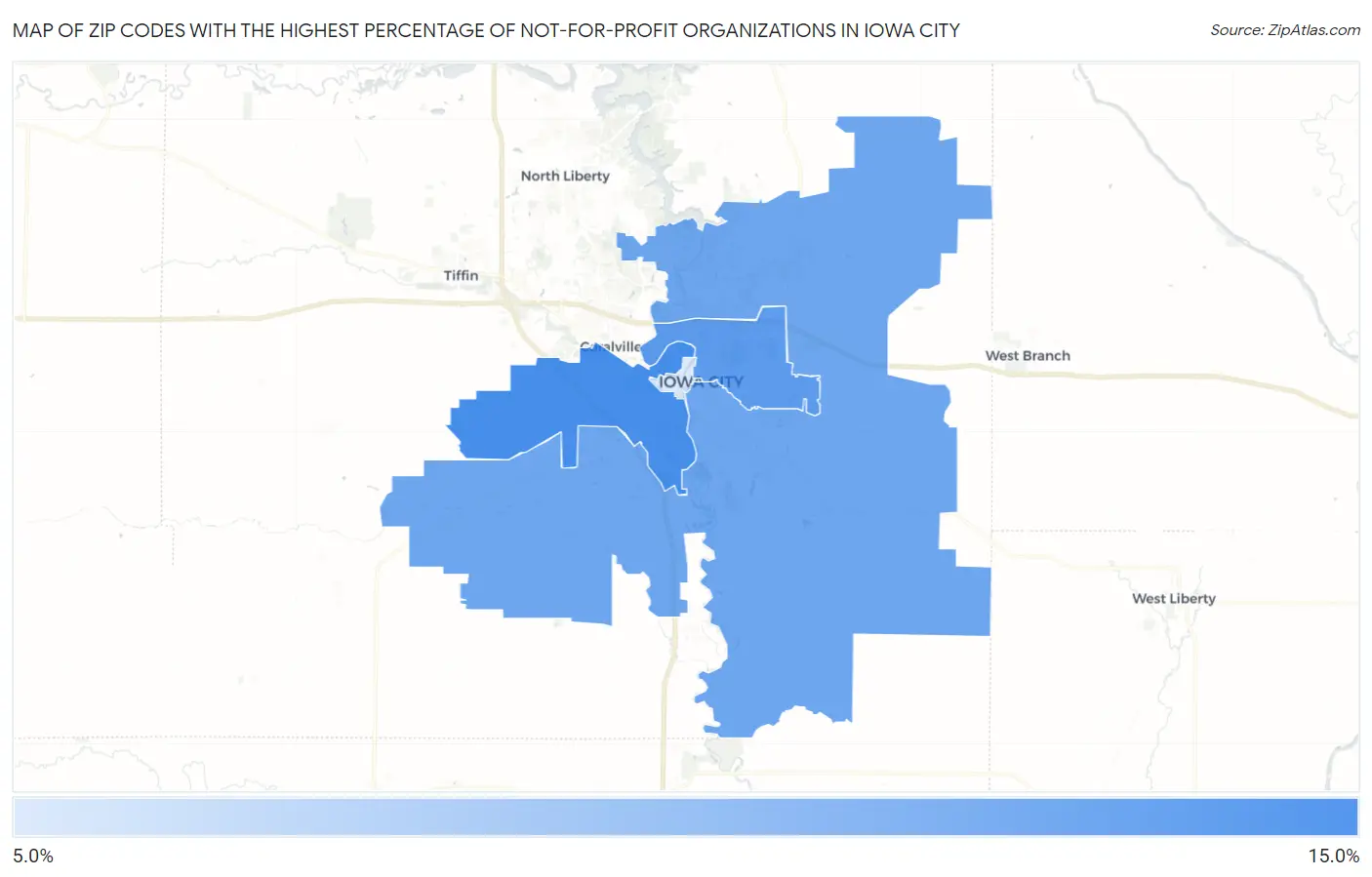 Zip Codes with the Highest Percentage of Not-for-profit Organizations in Iowa City Map