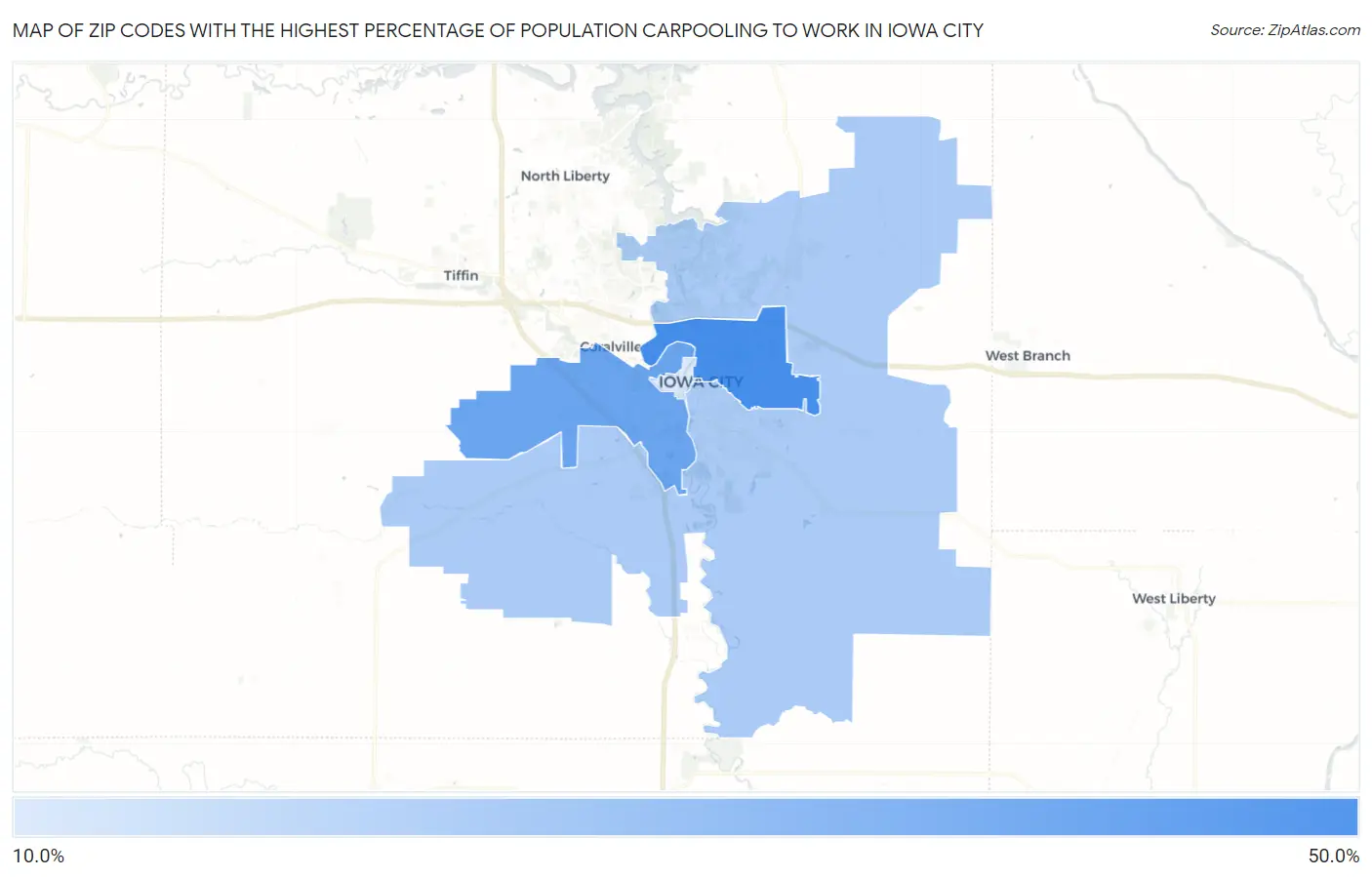 Zip Codes with the Highest Percentage of Population Carpooling to Work in Iowa City Map