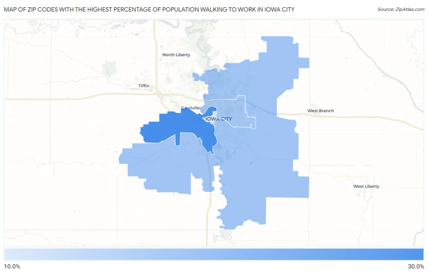 Zip Codes with the Highest Percentage of Population Walking to Work in Iowa City Map