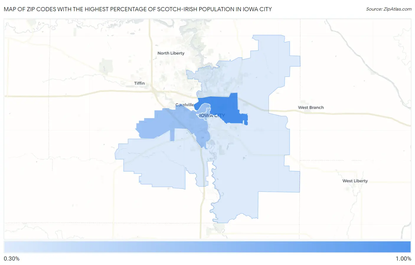 Zip Codes with the Highest Percentage of Scotch-Irish Population in Iowa City Map