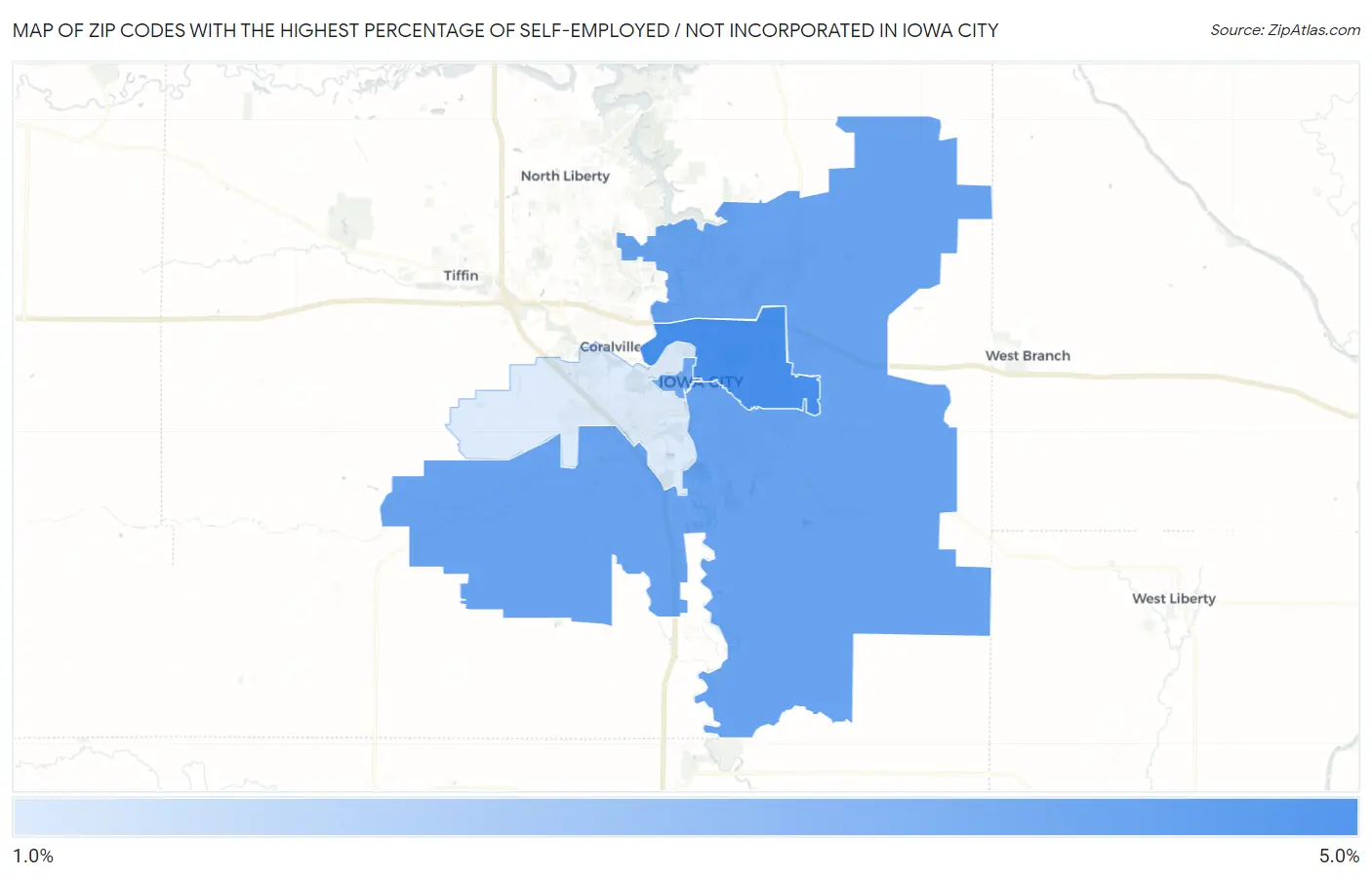 Zip Codes with the Highest Percentage of Self-Employed / Not Incorporated in Iowa City Map